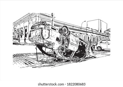 Building view with landmark of Asuncion is the capital and largest city of Paraguay. Hand drawn sketch illustration in vector.