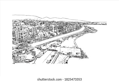 Building view with landmark of Athens is the capital and largest city of Greece. Hand drawn sketch illustration in vector.