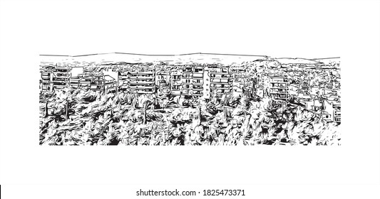 Building view with landmark of Athens is the capital and largest city of Greece. Hand drawn sketch illustration in vector.