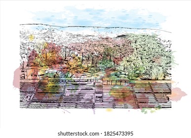 Building view with landmark of Athens is the capital and largest city of Greece. Watercolor splash with hand drawn sketch illustration in vector.