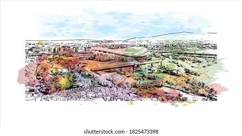 Building view with landmark of Athens is the capital and largest city of Greece. Watercolor splash with hand drawn sketch illustration in vector.