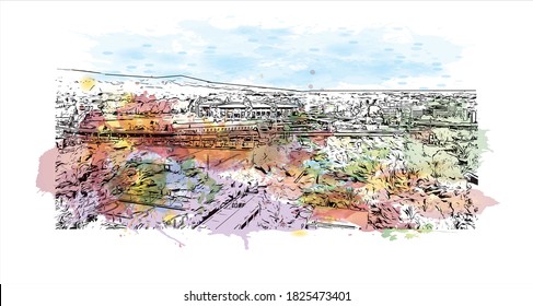 Building view with landmark of Athens is the capital and largest city of Greece. Watercolor splash with hand drawn sketch illustration in vector.