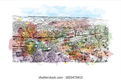 Building view with landmark of Athens is the capital and largest city of Greece. Watercolor splash with hand drawn sketch illustration in vector.