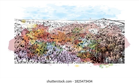Building view with landmark of Athens is the capital and largest city of Greece. Watercolor splash with hand drawn sketch illustration in vector.