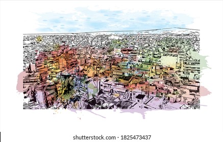 Building view with landmark of Athens is the capital and largest city of Greece. Watercolor splash with hand drawn sketch illustration in vector.