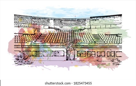 Building view with landmark of Athens is the capital and largest city of Greece. Watercolor splash with hand drawn sketch illustration in vector.