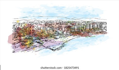 Building view with landmark of Athens is the capital and largest city of Greece. Watercolor splash with hand drawn sketch illustration in vector.