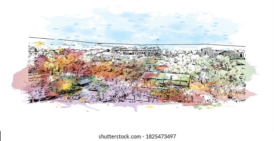 Building view with landmark of Athens is the capital and largest city of Greece. Watercolor splash with hand drawn sketch illustration in vector.