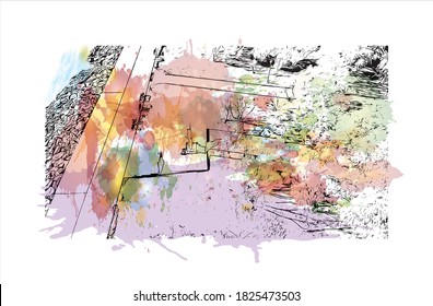 Building view with landmark of Athens is the capital and largest city of Greece. Watercolor splash with hand drawn sketch illustration in vector.