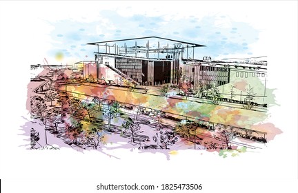 Building view with landmark of Athens is the capital and largest city of Greece. Watercolor splash with hand drawn sketch illustration in vector.