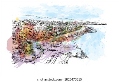 Building view with landmark of Athens is the capital and largest city of Greece. Watercolor splash with hand drawn sketch illustration in vector.