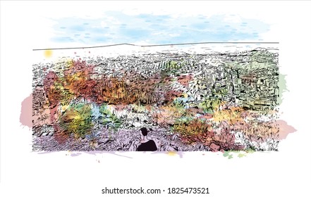 Building view with landmark of Athens is the capital and largest city of Greece. Watercolor splash with hand drawn sketch illustration in vector.