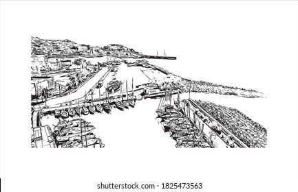 Building view with landmark of Athens is the capital and largest city of Greece. Hand drawn sketch illustration in vector.