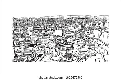 Building view with landmark of Athens is the capital and largest city of Greece. Hand drawn sketch illustration in vector.