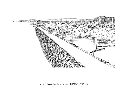 Building view with landmark of Athens is the capital and largest city of Greece. Hand drawn sketch illustration in vector.