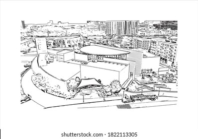 Building view with landmark of Atlanta is the capital and most populous city of the United States of America. Hand drawn sketch illustration in vector.