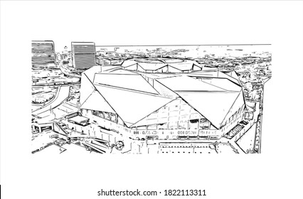 Building view with landmark of Atlanta is the capital and most populous city of the United States of America. Hand drawn sketch illustration in vector.