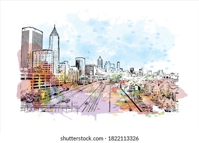 Building view with landmark of Atlanta is the capital and most populous city of the United States of America. Watercolor splash with hand drawn sketch illustration in vector.