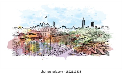 Building view with landmark of Atlanta is the capital and most populous city of the United States of America. Watercolor splash with hand drawn sketch illustration in vector.