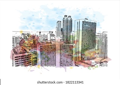 Building view with landmark of Atlanta is the capital and most populous city of the United States of America. Watercolor splash with hand drawn sketch illustration in vector.
