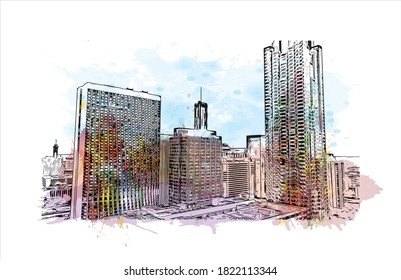 Building view with landmark of Atlanta is the capital and most populous city of the United States of America. Watercolor splash with hand drawn sketch illustration in vector.