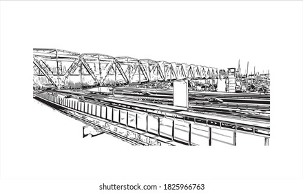 Building view with landmark of Auckland is a metropolitan city in the North Island of New Zealand. Hand drawn sketch illustration in vector.