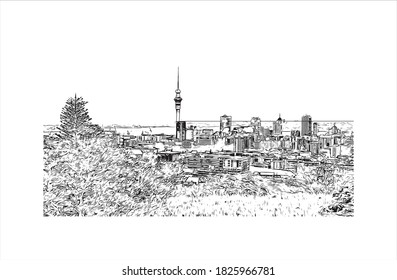 Building view with landmark of Auckland is a metropolitan city in the North Island of New Zealand. Hand drawn sketch illustration in vector.