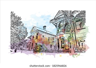 Building view with landmark of Auckland is a metropolitan city in the North Island of New Zealand. Watercolor splash with hand drawn sketch illustration in vector.