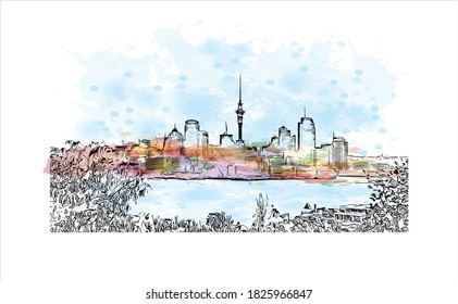 Building view with landmark of Auckland is a metropolitan city in the North Island of New Zealand. Watercolor splash with hand drawn sketch illustration in vector.