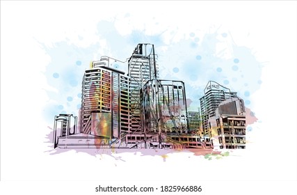 Building view with landmark of Auckland is a metropolitan city in the North Island of New Zealand. Watercolor splash with hand drawn sketch illustration in vector.