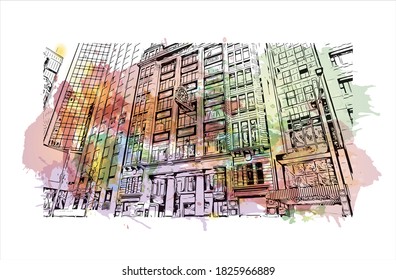 Building view with landmark of Auckland is a metropolitan city in the North Island of New Zealand. Watercolor splash with hand drawn sketch illustration in vector.