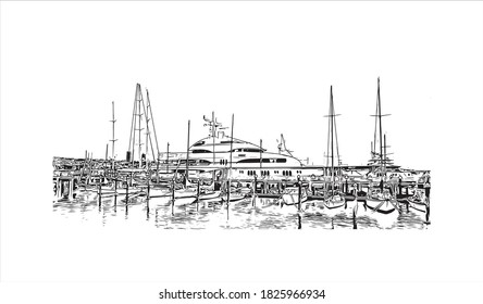 Building view with landmark of Auckland is a metropolitan city in the North Island of New Zealand. Hand drawn sketch illustration in vector.