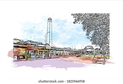 Building view with landmark of Auckland is a metropolitan city in the North Island of New Zealand. Watercolor splash with hand drawn sketch illustration in vector.
