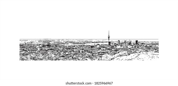 Building view with landmark of Auckland is a metropolitan city in the North Island of New Zealand. Hand drawn sketch illustration in vector.