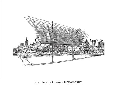 Building view with landmark of Auckland is a metropolitan city in the North Island of New Zealand. Hand drawn sketch illustration in vector.