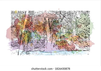 Building view with landmark of Auckland is a metropolitan city in the North Island of New Zealand. Watercolor splash with hand drawn sketch illustration in vector.