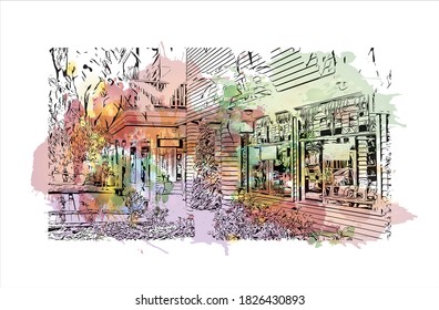 Building view with landmark of Auckland is a metropolitan city in the North Island of New Zealand. Watercolor splash with hand drawn sketch illustration in vector.