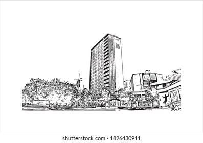 Building view with landmark of Auckland is a metropolitan city in the North Island of New Zealand. Hand drawn sketch illustration in vector.