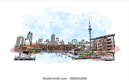 Building view with landmark of Auckland is a metropolitan city in the North Island of New Zealand. Watercolor splash with hand drawn sketch illustration in vector.