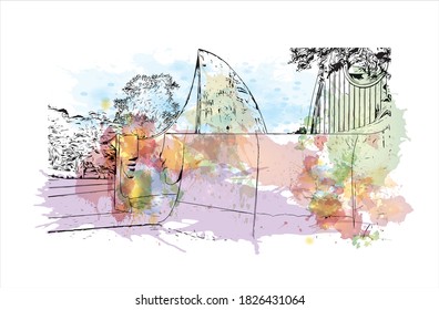 Building view with landmark of Auckland is a metropolitan city in the North Island of New Zealand. Watercolor splash with hand drawn sketch illustration in vector.