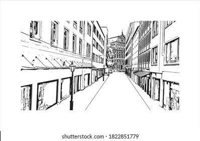 Building view with landmark of Augsburg is a UNESCO World Heritage city in Germany. Hand drawn sketch illustration in vector.