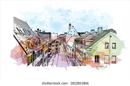 Building view with landmark of Augsburg is a UNESCO World Heritage city in Germany. Watercolor splash with hand drawn sketch illustration in vector.