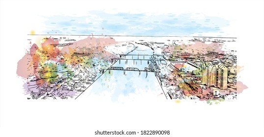 Building view with landmark of Augusta is a city in Georgia. Watercolor splash with hand drawn sketch illustration in vector.