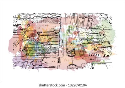 Construir vistas a los monumentos de Augusta es una ciudad en Georgia. Salto de color de agua con ilustración de esbozo dibujada a mano en vector.