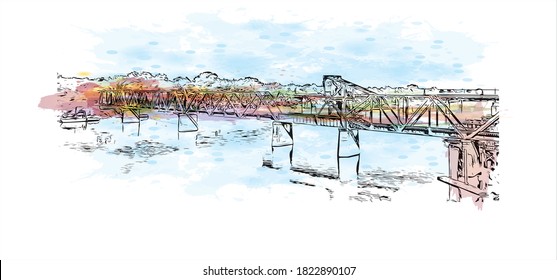 Construir vistas a los monumentos de Augusta es una ciudad en Georgia. Salto de color de agua con ilustración de esbozo dibujada a mano en vector.