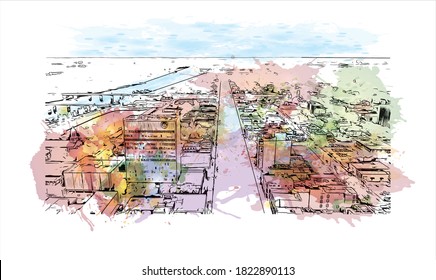 Building view with landmark of Augusta is a city in Georgia. Watercolor splash with hand drawn sketch illustration in vector.
