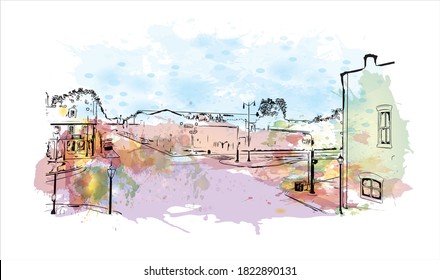 Building view with landmark of Augusta is a city in Georgia. Watercolor splash with hand drawn sketch illustration in vector.