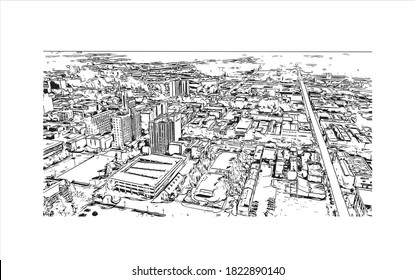 Building view with landmark of Augusta is a city in Georgia. Hand drawn sketch illustration in vector.