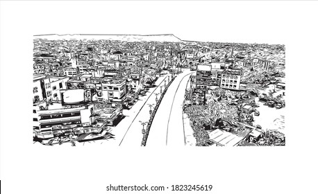 Building view with landmark of Aurangabad is a city in the Indian state of Maharashtra. Hand drawn sketch illustration in vector.