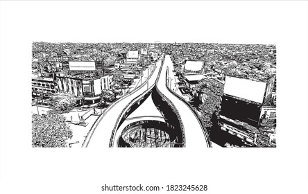 Building view with landmark of Aurangabad is a city in the Indian state of Maharashtra. Hand drawn sketch illustration in vector.